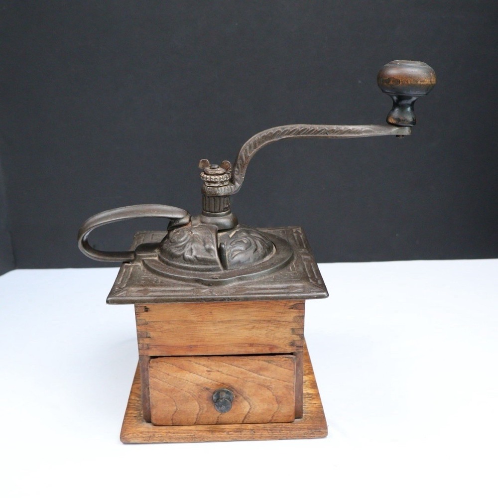 Antique Primitive Coffee Grinder Mill Handled Dovetail Cast Iron & Wood Rustic